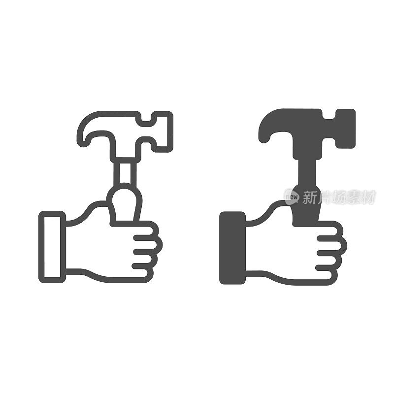 Hammer in hand line and solid icon, labour day concept, carpentry equipment sign on white background, worker arm with hammer icon in outline style for mobile and web design. Vector graphics.